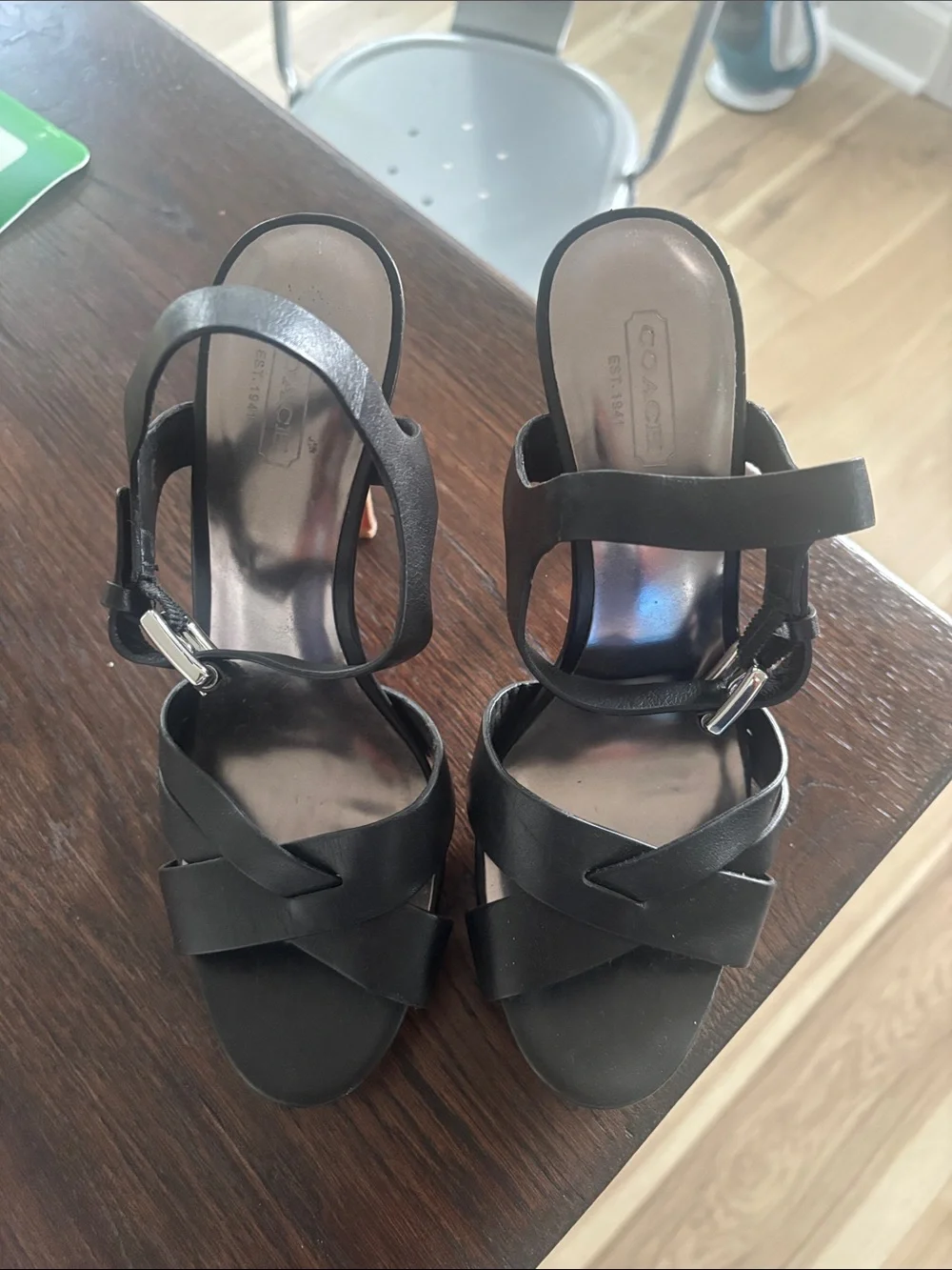 Coach Black Leather Crisscross Ankle-Strap Heels with Silver Buckles Size 8